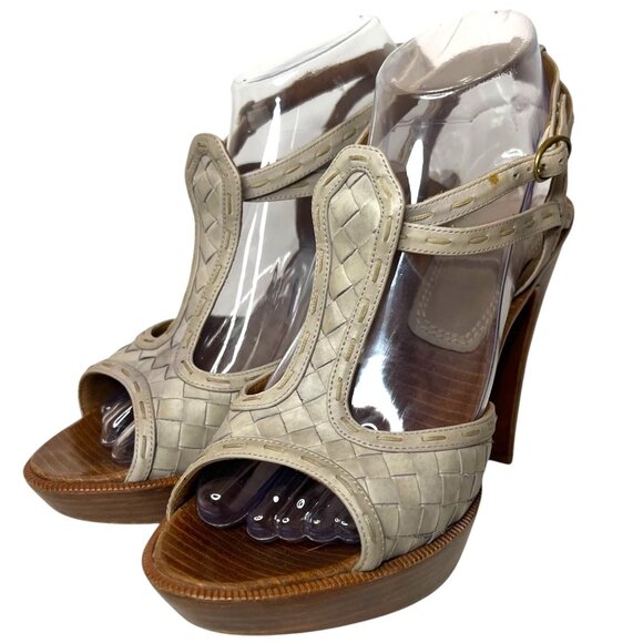 BOTTEGA VENETA Intrecciato Leather Ankle Strap Platform Sandals 38 8 Woven Gray - Picture 6 of 9